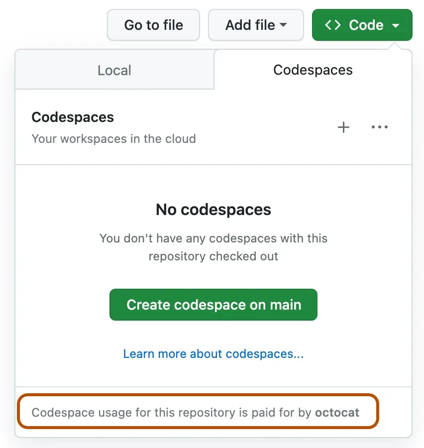 對話框顯示建立 codespace 的按鈕